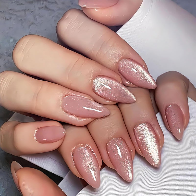 KQueenest Cat Eye Light Pink Press on Nails Medium Almond, 30 Pcs Glitter Nude Pink Fake Nails Press ons, Sparkly Acrylic Nails for Valentine’s Day, Reusable Glue on Nails for Women Small Hand - Image 1